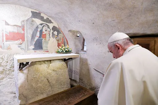 Pope Francis visits the place where St. Francis created the first Nativity scene outside of Greccio, Italy, on Dec. 1, 2019. Credit: Vatican Media