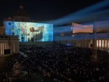 The facade of St. Peter’s Basilica was illuminated on Sunday, Oct. 2, 2022, with 3-D projection mapping of Renaissance art from the Vatican Museums in a new light display titled “Follow Me: The Life of St. Peter.” The display will be projected on the facade of St. Peter’s Basilica every 15 minutes between 9 p.m. and 11 p.m. each night through Oct. 16, 2022.