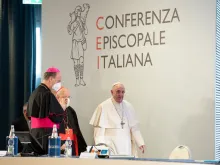 Pope Francis attends the Italian bishops’ plenary assembly in Rome on May 24, 2021.
