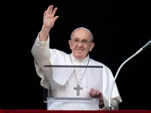 Pope Francis waves during his Angelus address at the Vatican July 25, 2021.