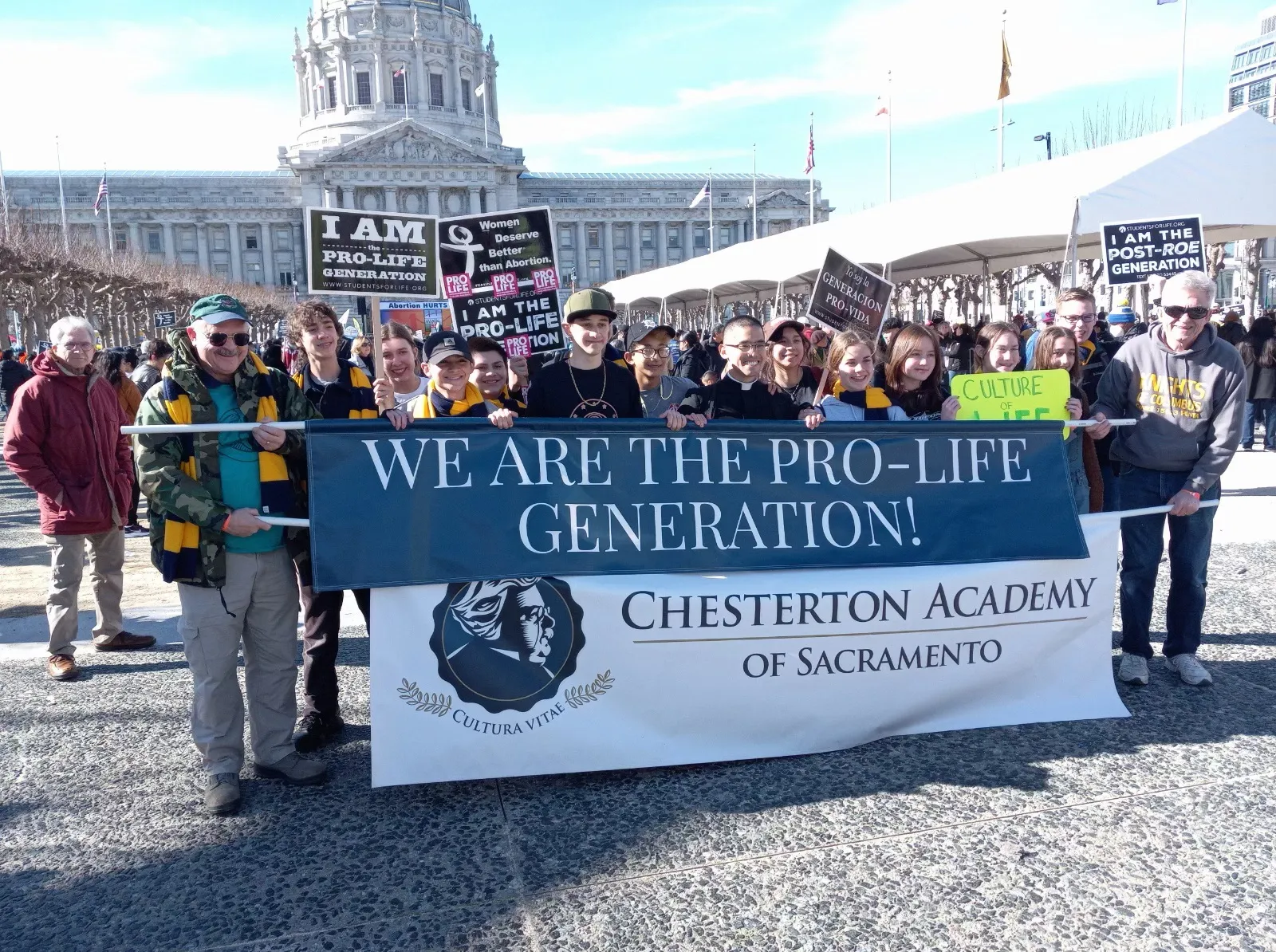 A group from Chesterton Academy of Sacramento participates in the West Coast Walk for Life on Jan. 21, 2023, in San Francisco. Credit: Joseph Moore/Chesterton Academy