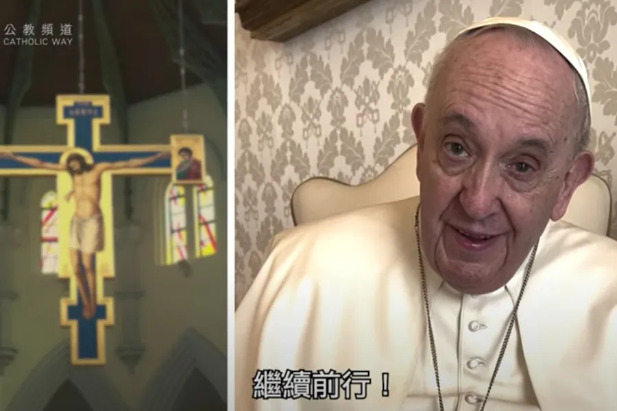 Pope Francis records a video message during a meeting with Bishop Stephen Chow. Screenshot from YouTube video.