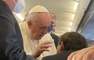 Pope Francis speaks to journalists aboard the papal flight to Malta on April 2, 2022. Courtney Mares/CNA