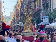 Archbishop Domenico Battaglia leads a procession in honor of St. Januarius in Naples, Italy, on April 30, 2022.