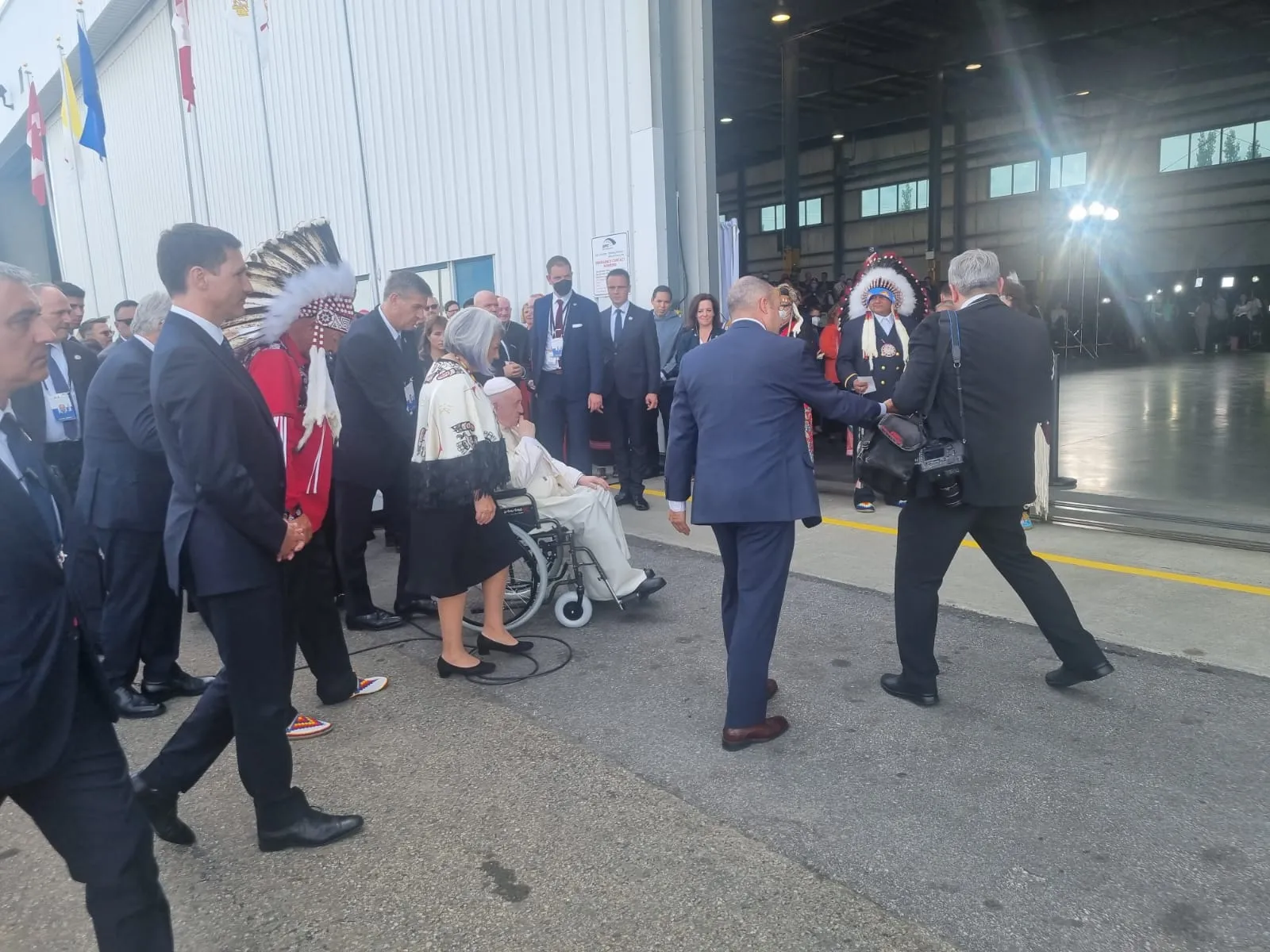 Pope Francis enters a hangar at Edmonton International Airport prior to meeting with representatives of Canada's indigenous peoples on July 24, 2022. Andrea Gagliarducci/CNA