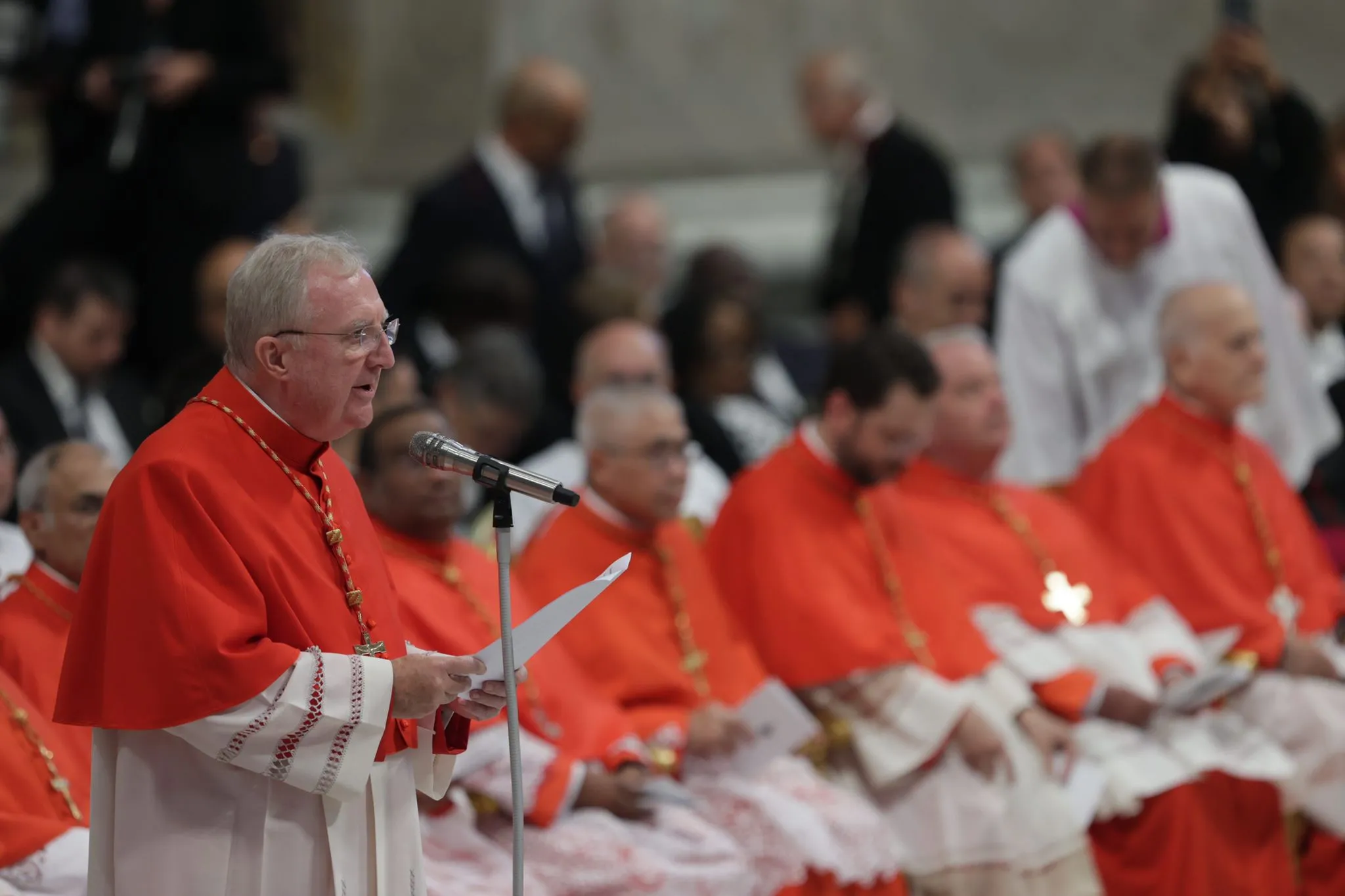 Cardinal Arthur Roche speaking on behalf of the new cardinals in St. Peter's Basilica, Aug. 27. 2022. Daniel Ibáñez / CNA