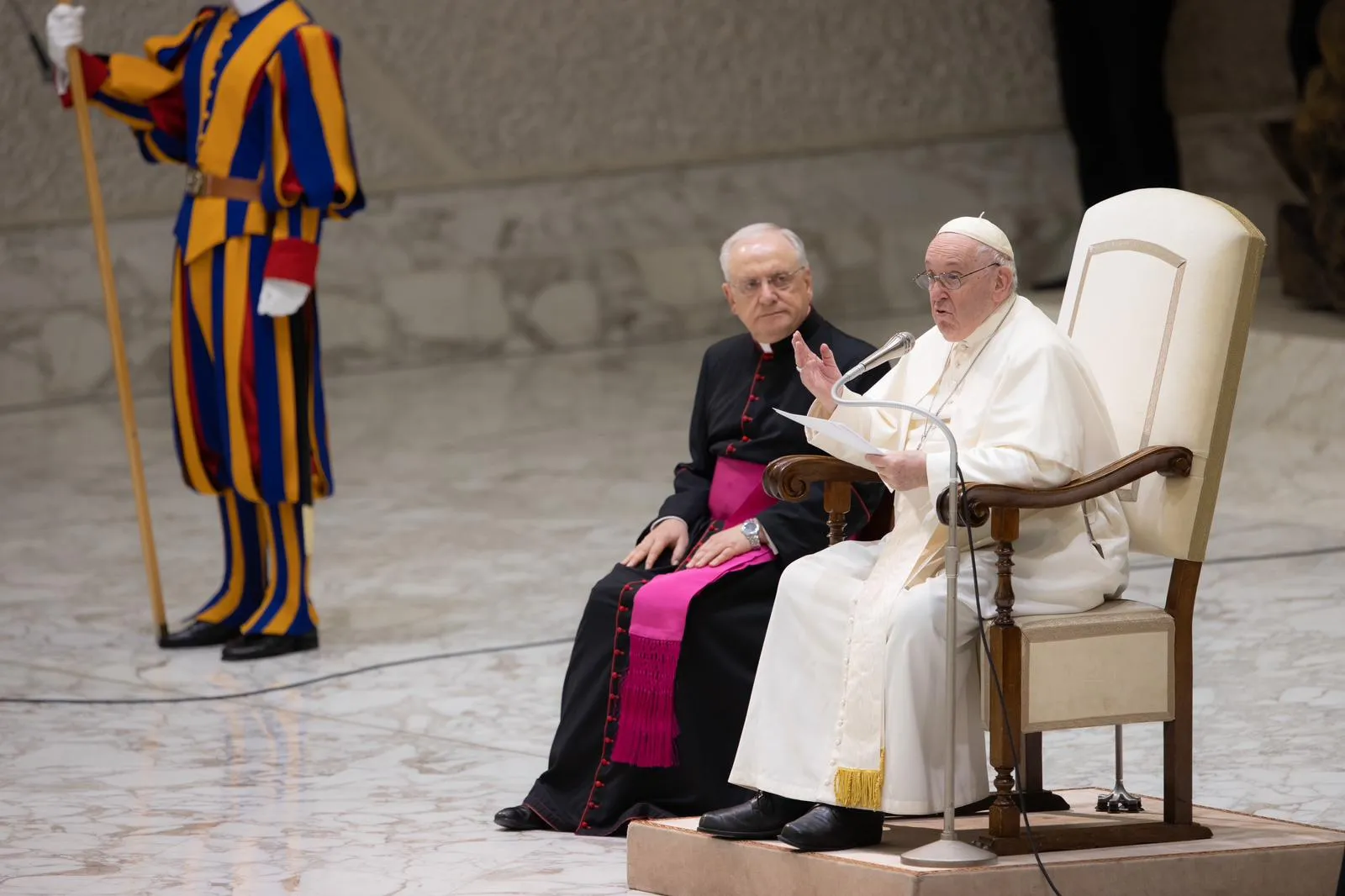 Pope Francis gives his message during the weekly general audience in the Vatican's Paul VI Hall on Jan. 4, 2023?w=200&h=150