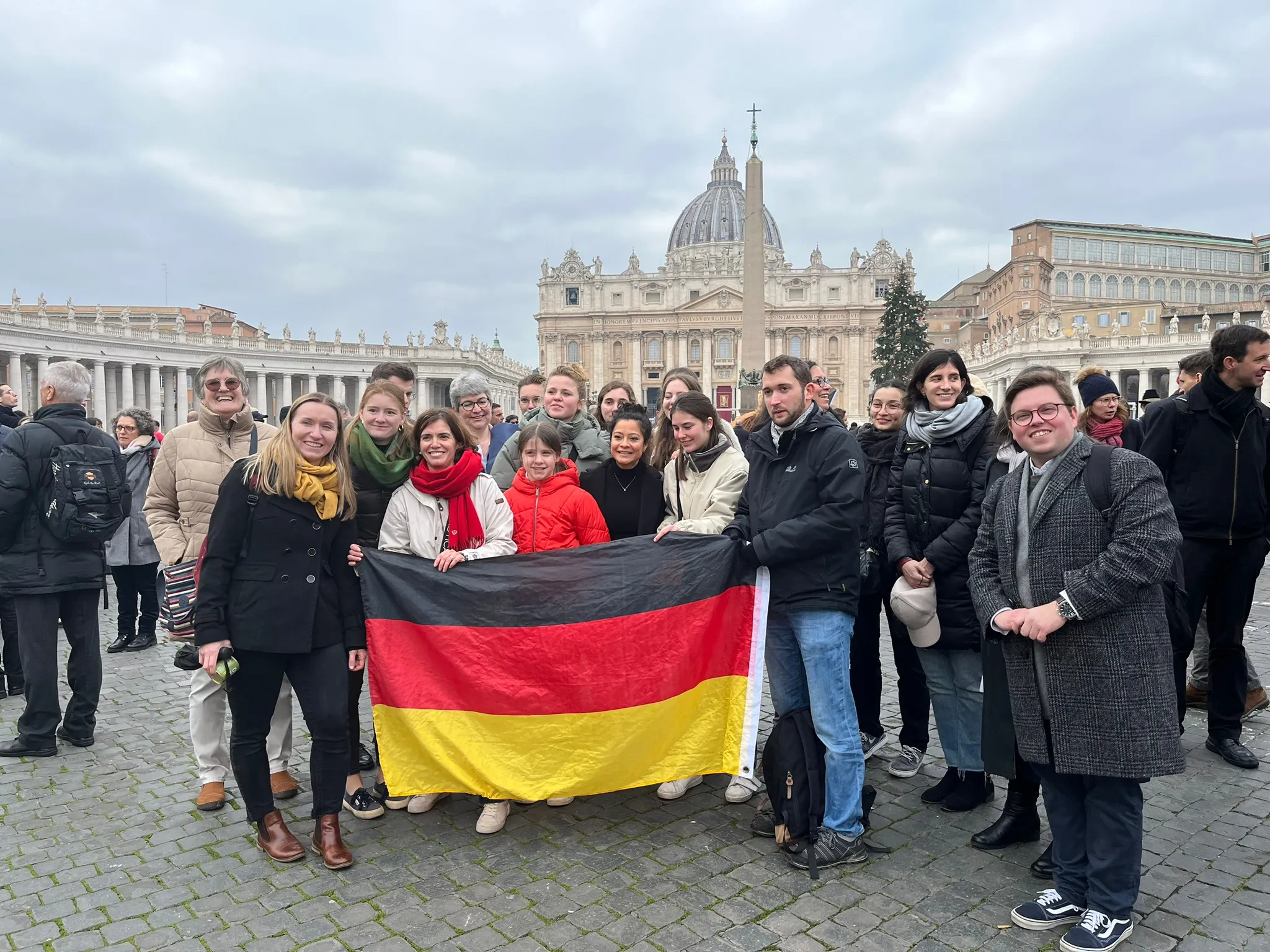 Tabea Schneider (far left) with a group of other pilgrims who traveled 20 hours by bus from Cologne, Germany, to attend the funeral of Pope Benedict XVI on Jan. 5, 2023, in St. Peter's Square at the Vatican.?w=200&h=150