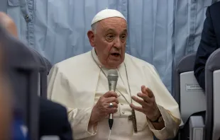 Pope Francis speaks during a press conference aboard the papal plane from Marseille to Rome on Sept. 23, 2023, at the conclusion of a two-day visit to the southern French port city to take part in the Mediterranean Encounter, a meeting of young people and bishops. Daniel Ibanez/CNA