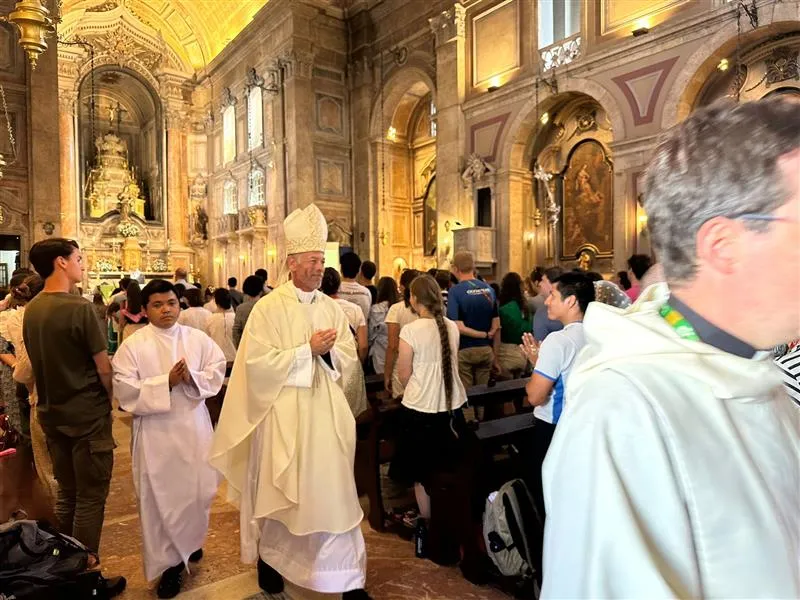 Archbishop Alexander Sample of Portland, Oregon, processes out of the Church of Our Lady of Providence after Mass during a Rise Up Encounter of World Youth Day in Lisbon, Portugal, on Aug. 4, 2023. Credit: Giulio Capece/EWTN News